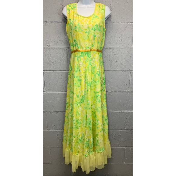 Vtg 70s Floral Chiffon Ruffled Sleeveless Gown Prom Maxi Dress XL - Picture 3 of 10